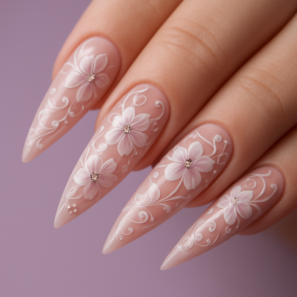 Unhas stiletto com nail art floral e pedrarias