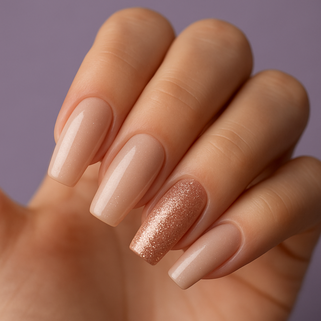 Unhas nude coffin com glitter rose gold