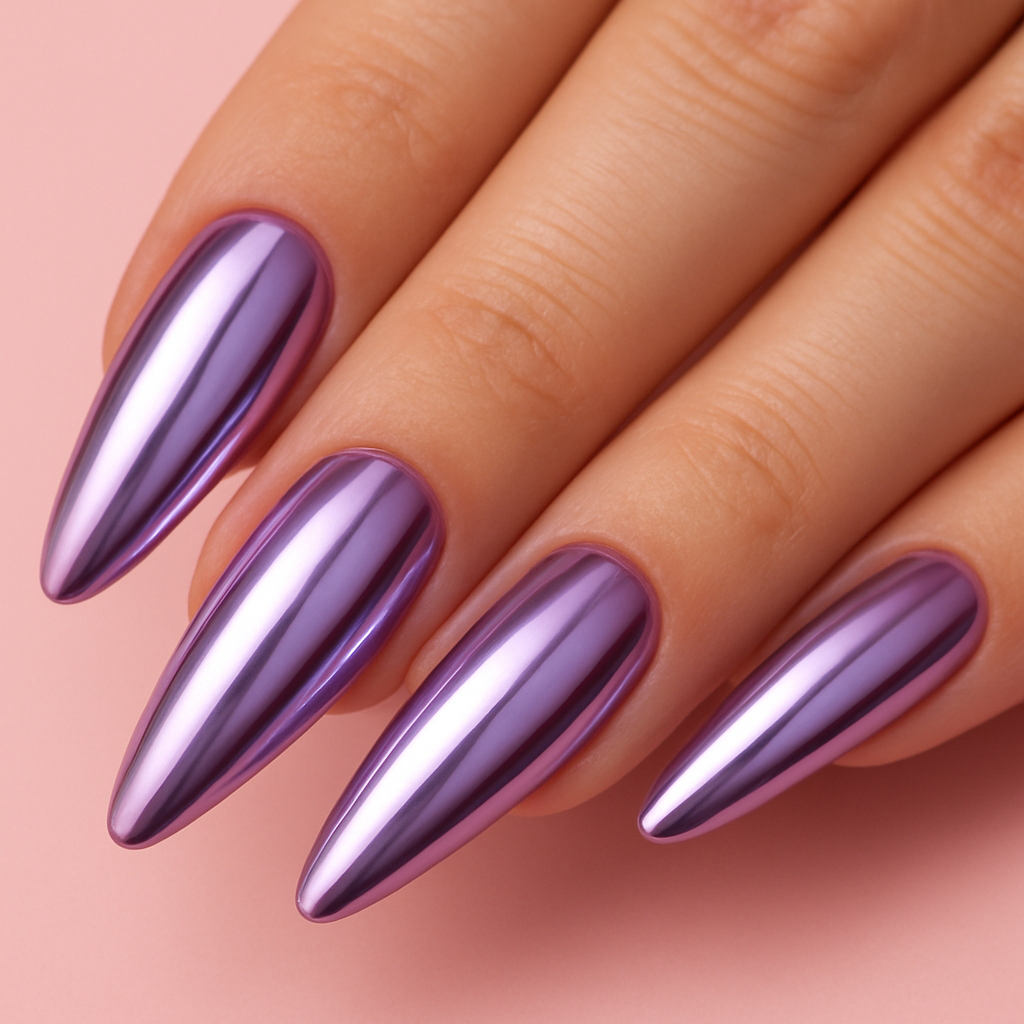 Unhas com efeito chrome metálico lilás